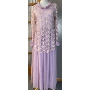 Vtg 70s Handmade Victorian Maxi Dress Sz L Lavender Floral Lace Overlay Prairie
